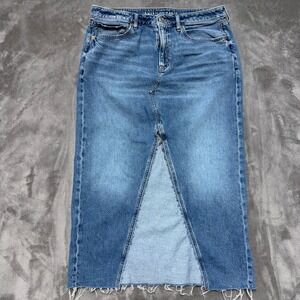 American Eagle Denim Maxi Skirt Womens 12 Blue Comfort Stretch Raw Hem Cowgirl